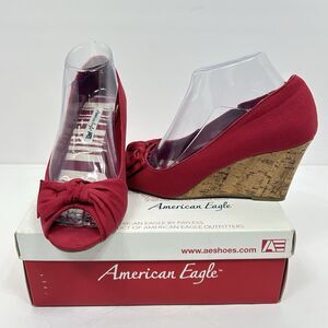 American Eagle Red Fabric Peep Toe Cork Wedge Shoes Heel 8.5 Bow Classic